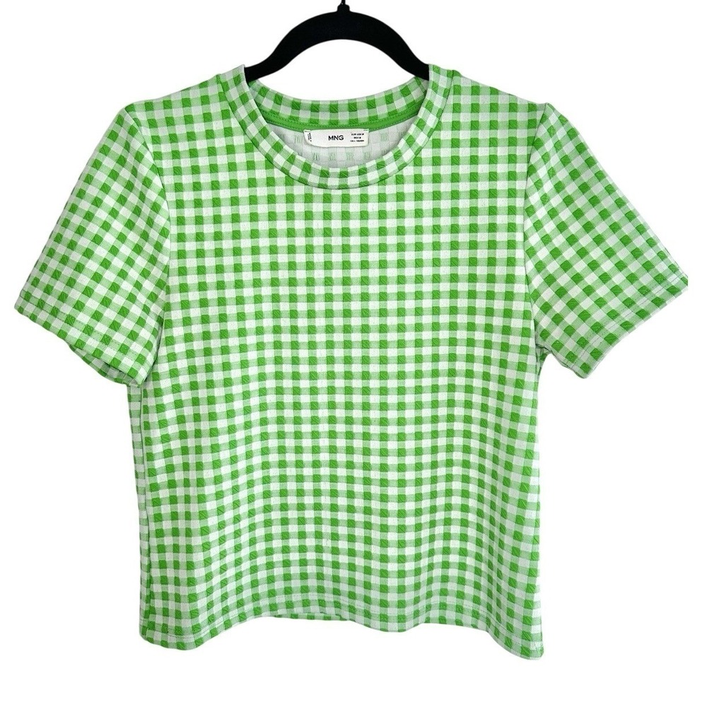 MNG Mango Gingham Plaid Seersucker Top Size M Green Summer Picnic Cottagecore